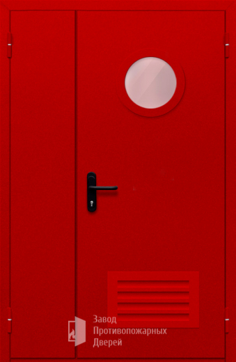 Фото двери «Полуторная с круглым стеклом и решеткой (красная)» в Ногинску